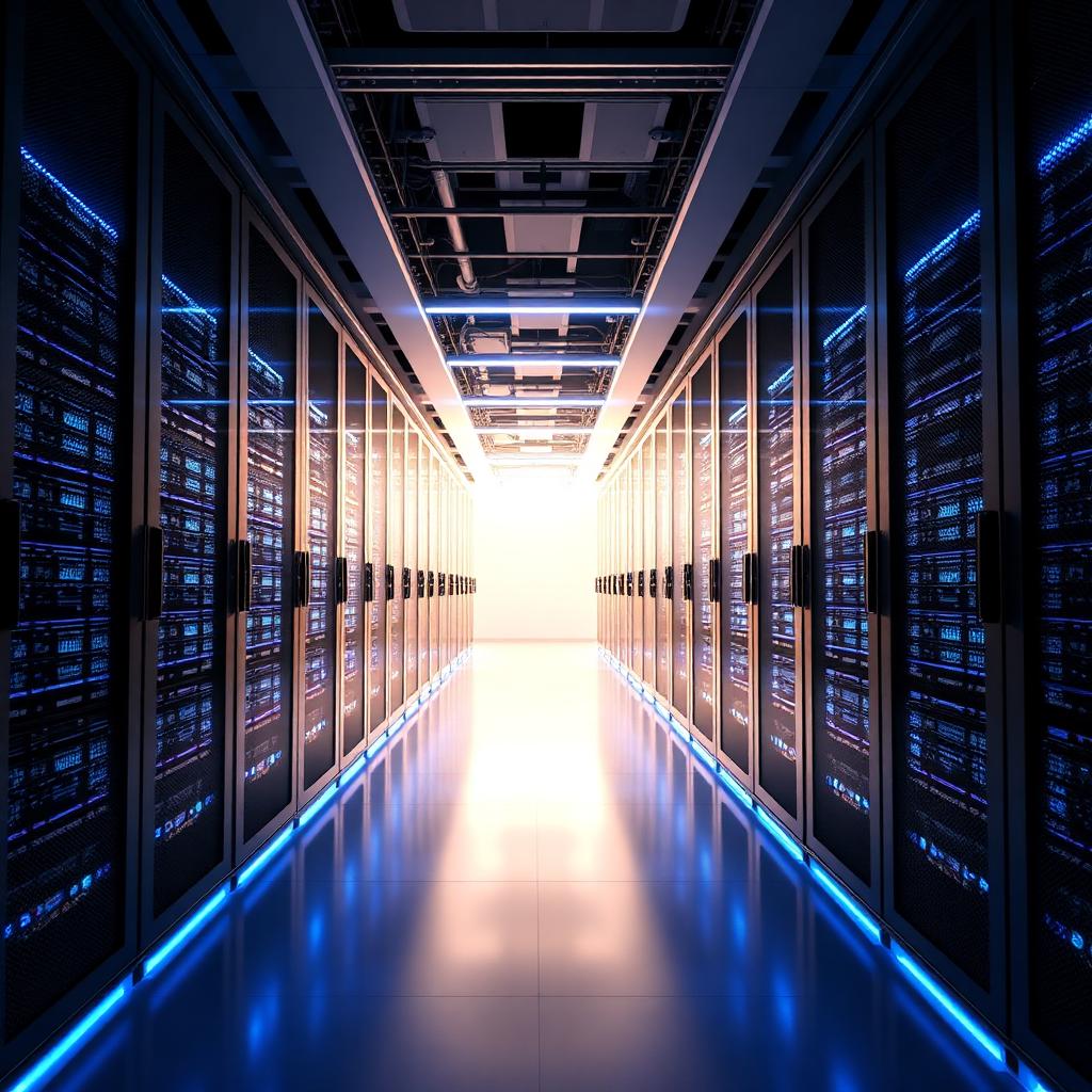 Server room corridor with glowing racks