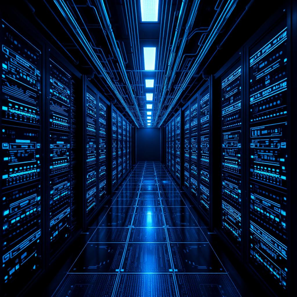 Illuminated server racks inside a modern data center