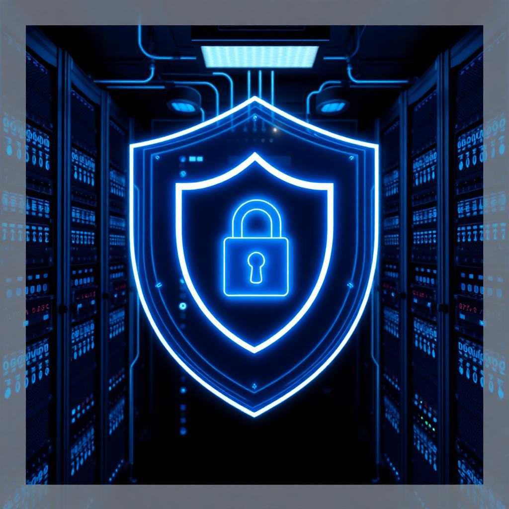 Glowing cybersecurity shield over server room