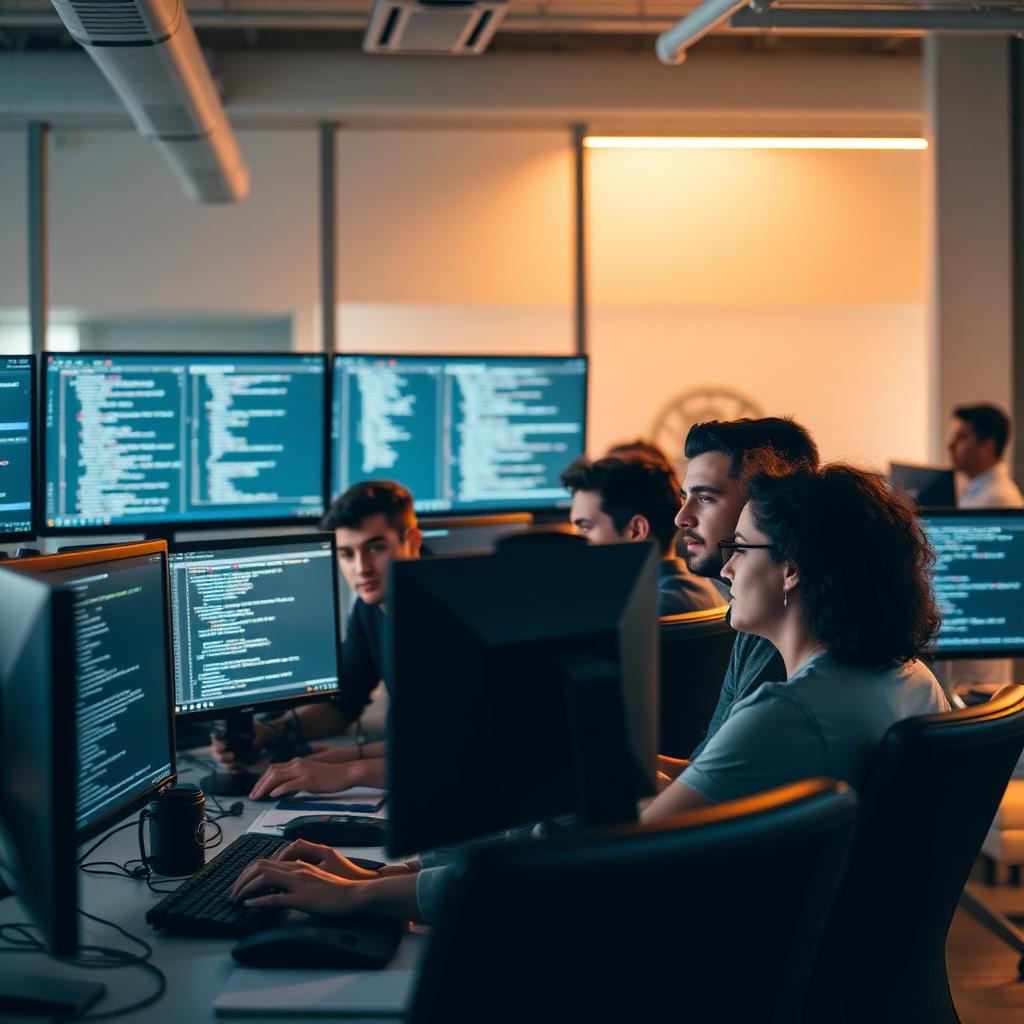 IT engineers collaborating in front of monitors